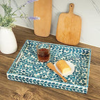CLAYNIX Serving Tray 15.7" X11.8", Lacquer Mother of Pearl Inlay Mosaic Tray, Rectangle Wooden Marble Tray with Handles Trays for Tea, Breakfast in Bed, Table (Blue) - color: Leaf Style
