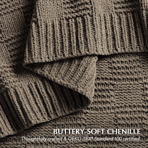 EVERGRACEHOME Modern Checkered Chenille Throw Blanket, Soft Cozy Plaid Knitted Blanket for Sofa & Couch, Decorative Knit Throw for Bed and Living Room, Mocha Brown, 60" x 80" - color: Checkered Mocha Brown, size: 60" x 80"