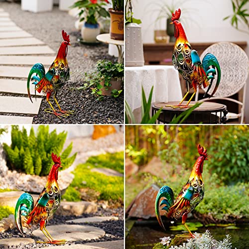 19 Inch Solar Rooster Statue, Metal Yard Art with Colorful Lights for Garden Lawn Outdoor Decoration Gifts - style: Roosters