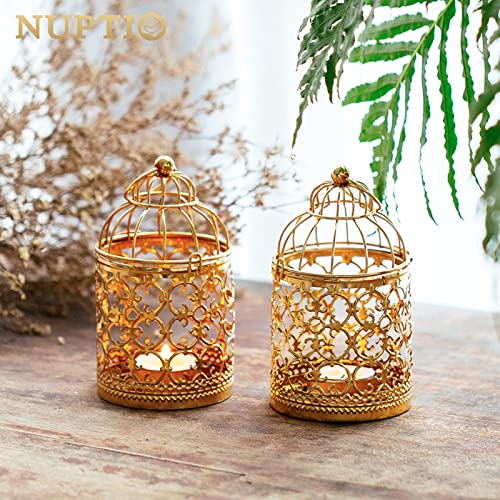 6 Pcs Small Metal Tealight Hanging Birdcage Lantern, Vintage Decorative Centerpieces of Wedding, Party, Gold - color: Gold, size: 6Pcs