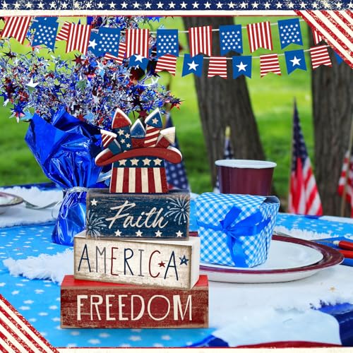 CroBlissful 4 Pcs 4th of July Decorations Patriotic Memorial Day Tabletop Decorations Red White Blue Table Centerpieces Sign for Office Tiered Tray Home Shelf 250th Anniversary(Independence Day Hat) - style: Independence Day Hat