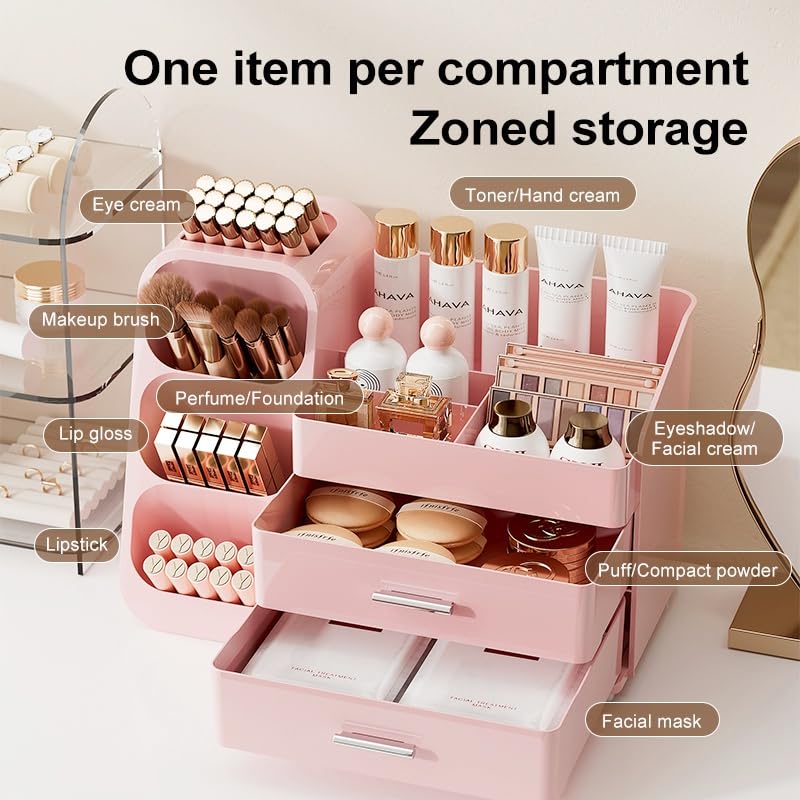 Booklov Makeup Organizer for Vanity, Large Capacity Cosmetic Display Case with Drawers, Countertop Beauty Storage Holder for Skincare, Brush Eyeliner Perfume Eyeshadow Lipsticks, Counter Desk, Pink - color: Pink, size: L01