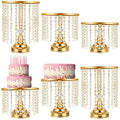 Bokon 6 Pcs Crystal Gold Cake Stand Round Dessert Cupcake Holder Metal Stand Table Cake Pedestal with Crystal Pendant and Wedding Bead Dessert Cupcake Pastry Display Plate for Wedding Birthday Party - color: Gold