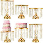 Bokon 6 Pcs Crystal Gold Cake Stand Round Dessert Cupcake Holder Metal Stand Table Cake Pedestal with Crystal Pendant and Wedding Bead Dessert Cupcake Pastry Display Plate for Wedding Birthday Party - color: Gold