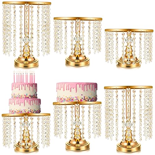 Bokon 6 Pcs Crystal Gold Cake Stand Round Dessert Cupcake Holder Metal Stand Table Cake Pedestal with Crystal Pendant and Wedding Bead Dessert Cupcake Pastry Display Plate for Wedding Birthday Party - color: Gold
