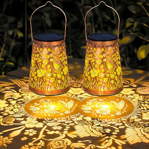 LeiDrail Hummingbird Solar Lanterns Outdoor 2 Pack, Hanging Waterproof Vintage Metal Lantern, Auto On/Off Garden Patio Yard Porch Pathway Decor, Warm White LED, Gifts for Women Mom Grandma - color: Hummingbird