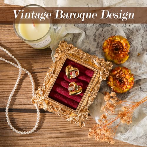 Vintage Ring Holder Rectangle Gold Velvet Display Stand - Baroque Jewelry Organizer Box Tray for Wedding Engagement Anniversary Women Birthday Christmas Gift Photograph Prop (MPF05-Gold Red) - color: MPF05-Gold Red