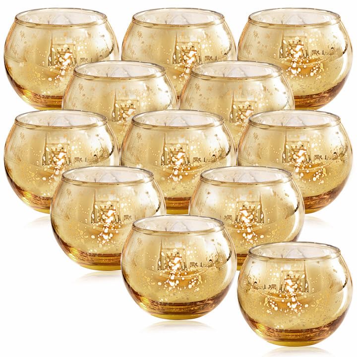 LAMORGIFT 12 Pcs Gold Votive Candle Holders- Gold centerpieces for Tables, Mercury Glass Votives for Wedding, Rehearsal Dinner, Engagement, Birthday Party Decorations - color: Gold