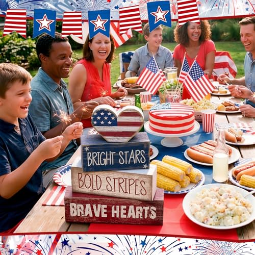 CroBlissful 4 Pcs 4th of July Decorations Patriotic Memorial Day Tabletop Decorations Red White Blue Table Centerpieces Sign for Office Tiered Tray Home Shelf 250th Anniversary(Brave Heart) - style: Brave Heart