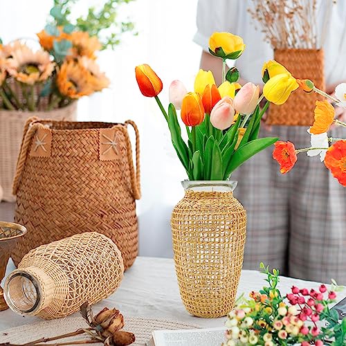 MDEOOSKY Straw Woven Glass Vase 7.9''x2.36''x3.5''Boho Glass Flower Vase Country Rustic Style Vase Glass Vase for Floral Arrangements Bottle Height (A Style 7.9IN) - size: 7.9IN