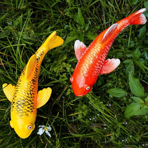 Teaeeno Set of 2 Koi Fish Garden Stakes, Red & Gold Resin Sculptures, Weatherproof Outdoor Patio Pond Decor, Feng Shui Yard Art, Easy Setup Gift (Red & Yellow) - color: Yellow