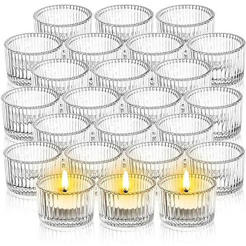 Elsjoy 24 Pack Glass Tealight Candle Holder, 2" x 1.4" Small Clear Glass Votive Candle Holders Mini Ribbed Tealight Holder for Wedding, Birthday, Festival, Table Centerpiece
