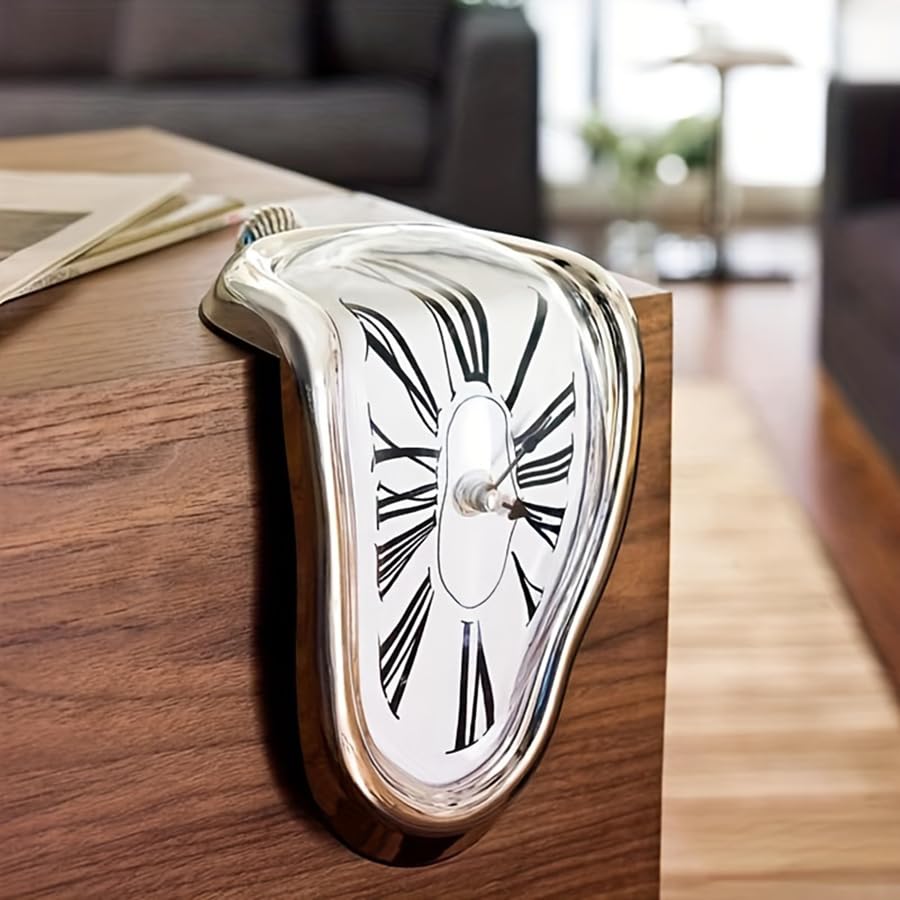 TIMEACT Melting Clock Dali Melted Clock Gift Decor Art Inspired Wall Clock Twisted Shelf Hanging Surrealist for Decorative Shop Office Home Desk Roman (Silve) - color: Silve