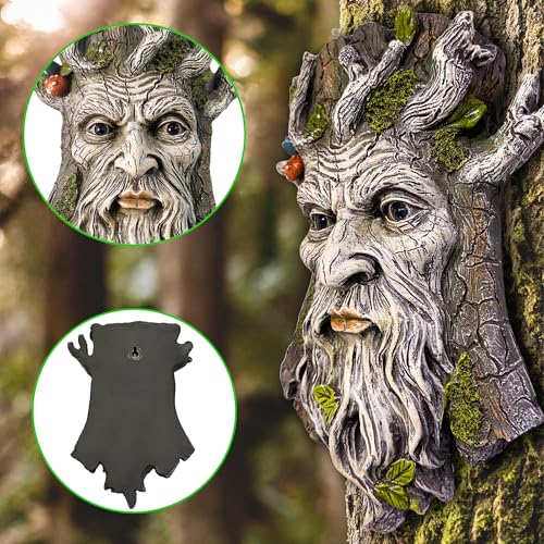 Teaeeno Whimsical Tree Face Garden Decoration, 11.8 in Tree Faces Decor Outdoor Wallmounted Statue Art with Leaf Features, Outdoor Decor Garden Accessory (Outdoors and Nature) - color: White