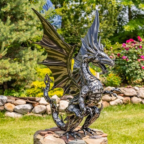 Zaer Ltd. Metal Dragon Garden Statue, Freestanding Outdoor Sculpture, Hand-Painted Metallic Finish (44" Tall Tarragon) - size: 44" Tall "Tarragon"