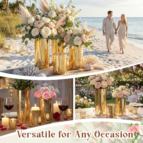 12 Pcs Gold Cylinder Vases for Centerpieces Mercury Vase Hurricane Vase Bulk Acrylic Round Wide Container for Flowers Home Office Wedding Table Decorations (4''/6''/8'') - color: Gold, size: 4''/6''/8''