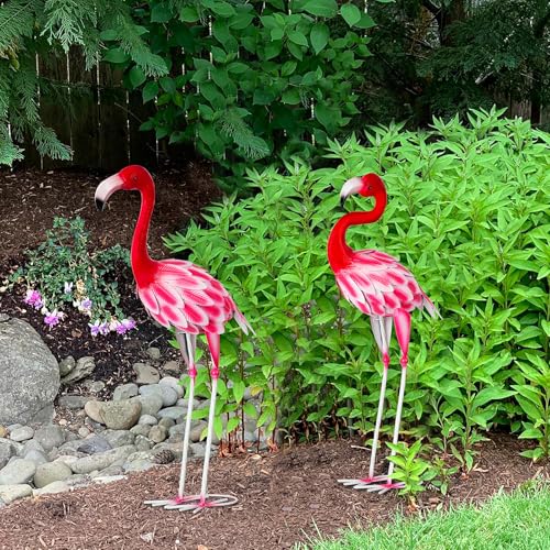 Set of 2 Metal Flamingo Garden Statues, Yard Flamingo Outdoor Decor for Lawn Patio Garden Backyard Display (Pink) - color: Pink