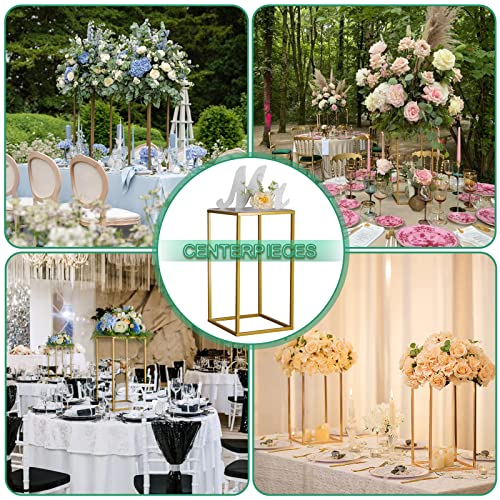 YALLOVE 2 Pack 15.75 Inch Gold Wedding Flower Stand Metal Vase Column Stand Geometric Centerpiece Vase for Home Party Wedding Decorations, Rectangular Flower Display Rack - size: 15.75 Inch