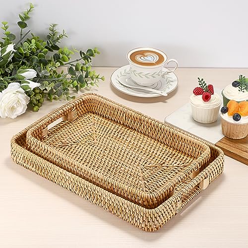 Hipiwe Handwoven Rattan Serving Tray Rectangular Wicker Tray with Handles Natural Decorative Trays for Storage Breakfast, Dessert, Fruit for Coffee Table, 13.4" L x 9.5" W - color: Natural Color, size: 13" x 9" x 1.9"