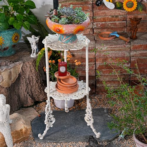 Sungmor Vintage Cast Iron 2-Tier Plant Stand, Elegant Butterfly & Floral Design with Antique White Finish, 24 Inch Tall Rustic Flower Pot Holder, Heavy Duty Metal Display Shelf for Indoor and Outdoor