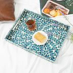 CLAYNIX Serving Tray 15.7" X11.8", Lacquer Mother of Pearl Inlay Mosaic Tray, Rectangle Wooden Marble Tray with Handles Trays for Tea, Breakfast in Bed, Table (Blue) - color: Leaf Style