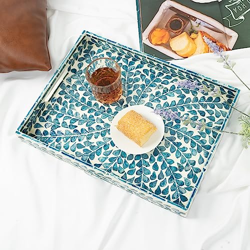 CLAYNIX Serving Tray 15.7" X11.8", Lacquer Mother of Pearl Inlay Mosaic Tray, Rectangle Wooden Marble Tray with Handles Trays for Tea, Breakfast in Bed, Table (Blue) - color: Leaf Style