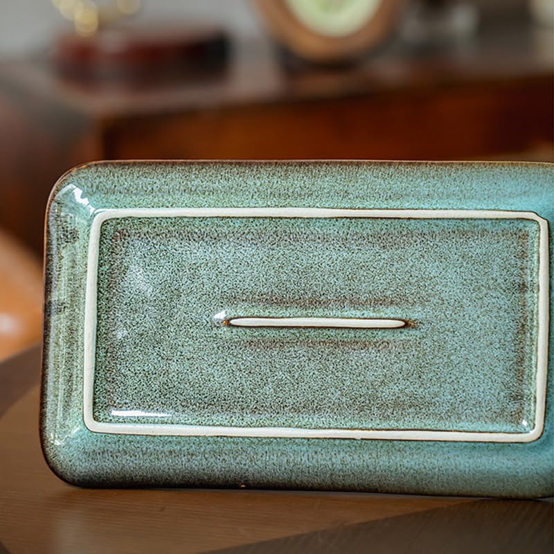 10 Inch Green Ceramic Rectangular Serving Platter, Reactive Glaze Serving Tray for Dinner, Appetizer, Sushi, Vanity Organizer, Perfume Tray, Microwave & Dishwasher Safe