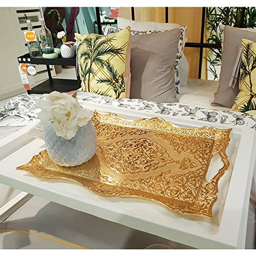 Large Gold Turkish Tea Coffee Serving Table Tray Decorative Home Decor Handles - Party Bar Outdoor Dresser Dessert Fancy Metal Rectangle Kitchen Brass Moroccan Bathroom Vanity Gift Tray