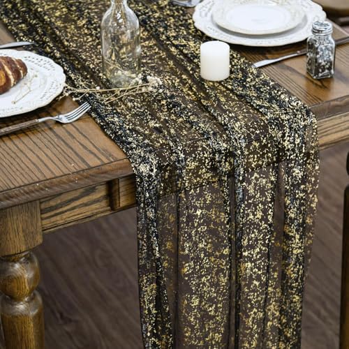 Artoid Mode 3Pcs Black Gold Gauze Table Runner 120 Inch 10FT, Glitter Metallic Foil Sheer Dining Wedding Anniversary Holiday Birthday Table Decor for Home Party - color: Black Gold, size: 28" x 120", 3pc
