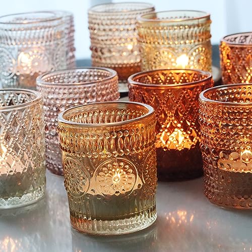 12 pcs Glass Votive Candle Holders, 6 Colors 3 Patterns Tealight Candle Holders for Fall Wedding Table Centerpiece Birthday Decoration - color: Multicolor