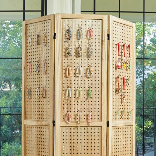 Pegboard Display, 5.6Ft Portable Freestanding Wall Organizer Wooden Room Divider Folding Privacy Screens for Craft Art Display Board (6 Panels, Natural) - color: Natural, size: 6 Panels
