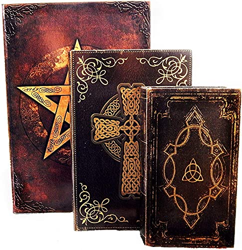 Bellaa 27994 Decorative Book Box Vintage Celtic Knot Cross Pentagram Pentacle Occult Pagan Irish Invisible Hidden Secret Storage Jewelry Keepsake Antique Magnetic Cover Gift Set of 3 - style: Gold Foil B