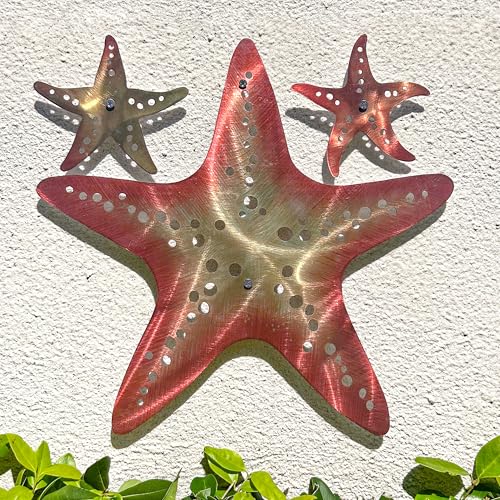 LiveInUrban Coastal Wall Art Starfish Metal Wall Sculptures, Ocean Beach Themed Metal Hanging Home Decoration 3PCS 15.6"x12.7" - color: starfish