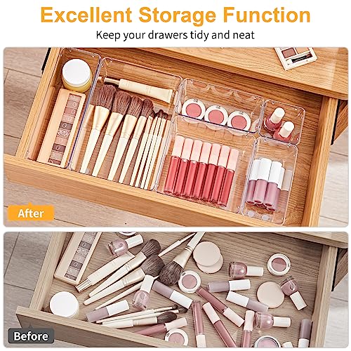 SMARTAKE 22-Piece Drawer Organizer with Non-Slip Silicone Pads, 5-Size Clear Desk Drawer Organizer Trays Storage Tray for Makeup, Jewelries, Utensils in Bedroom Dresser, Office and Kitchen, Clear - size: 22 PCS