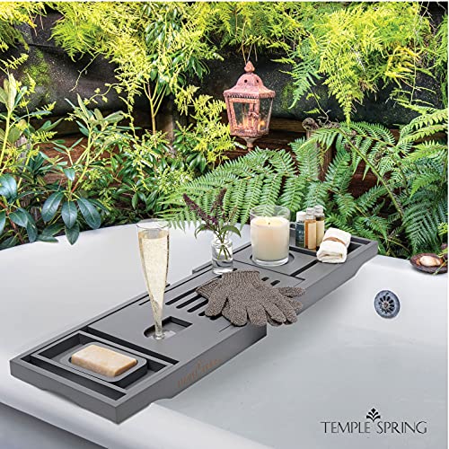 Temple Spring Bamboo Bathtub Tray Caddy for Tub — Expandable Wood Bath Tray with Solid Book Stand Wine Holder and Non-Slip Pads — Includes Bamboo Soap Dish and Spa Accessories — Luxury Bath Gift Set - color: Gray