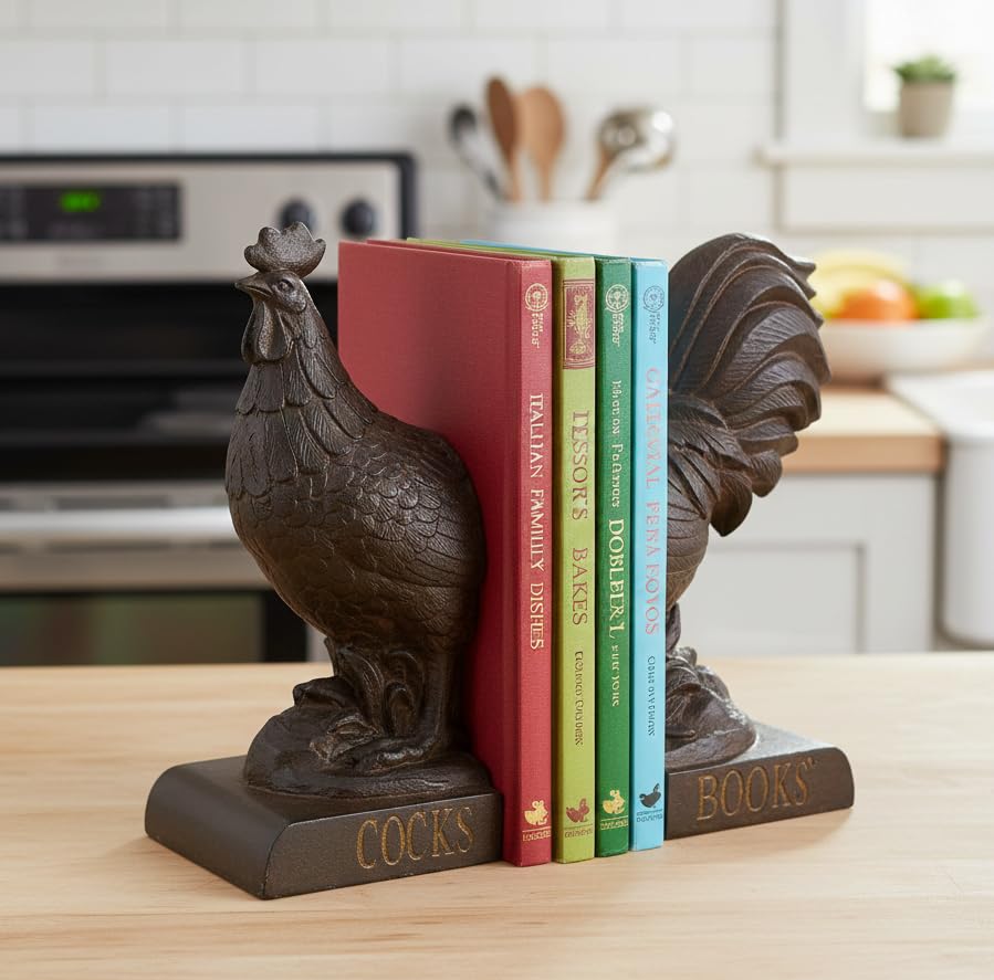 Comfy Hour 10" Bronze Rooster Antique Vintage Figurine Style Bookends, Rustic Farmhouse Animal Statue Home Decor, Heavy Duty Book Stoppers Pair