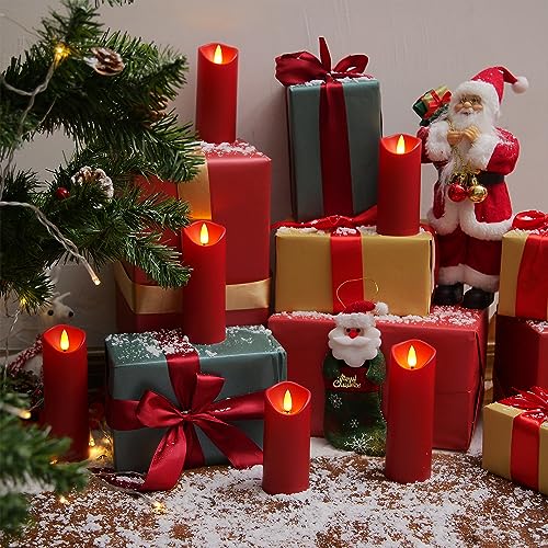Homemory Christmas Flameless Candles, Battery Operated Candles with Remote Timers, Electric Fake Candles for Home, Christmas Decoration, Made of Plastic, Red/Burgundy, Set of 9 - color: Burgundy