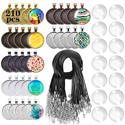 210Pcs Pendant Trays Kit, Bezel Pendant Trays Charms Bulk with Glass Cabochon and Necklace Cords Set for Homemade Necklaces, Jewelry Making, DIY Crafts, Resin Art and Paint Pour Skins - size: 210 PCS