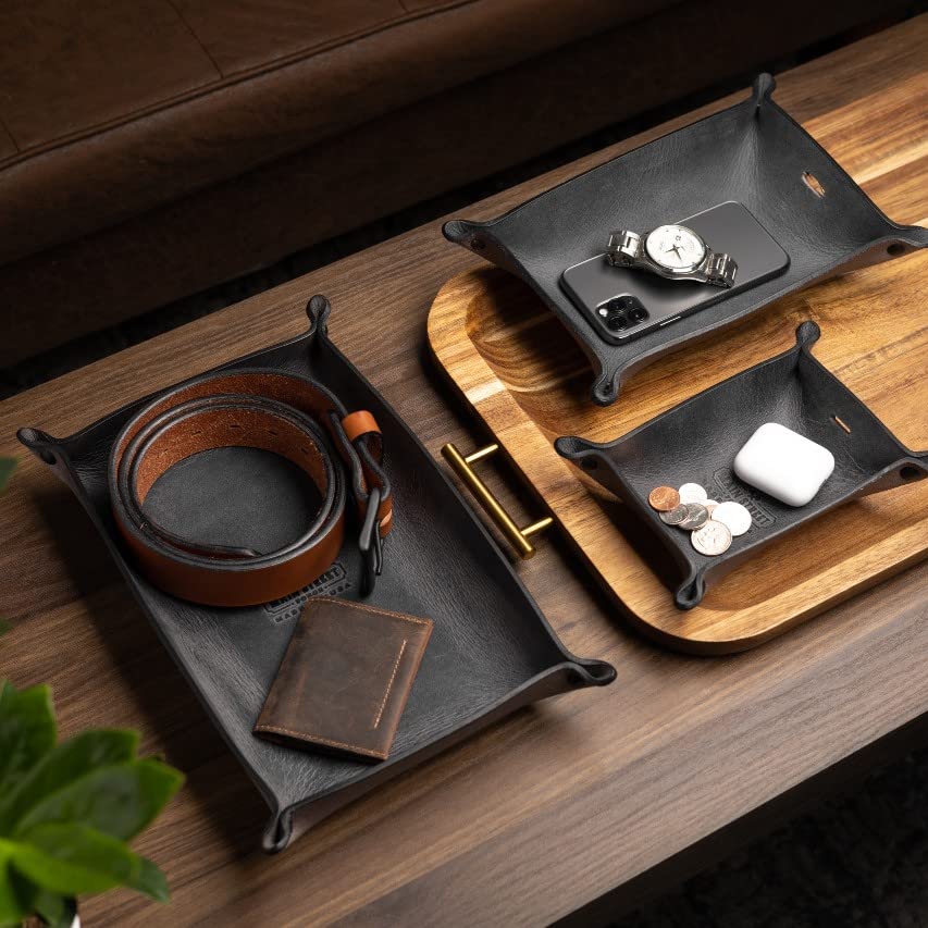 Main Street Forge Leather Valet Tray for Men – Rustic EDC Organizer for Keys, Phone & Wallet – Made in USA – Whiskey Barrel Brown - color: Whiskey Barrel Brown, size: 11.5" x 8" x 2"