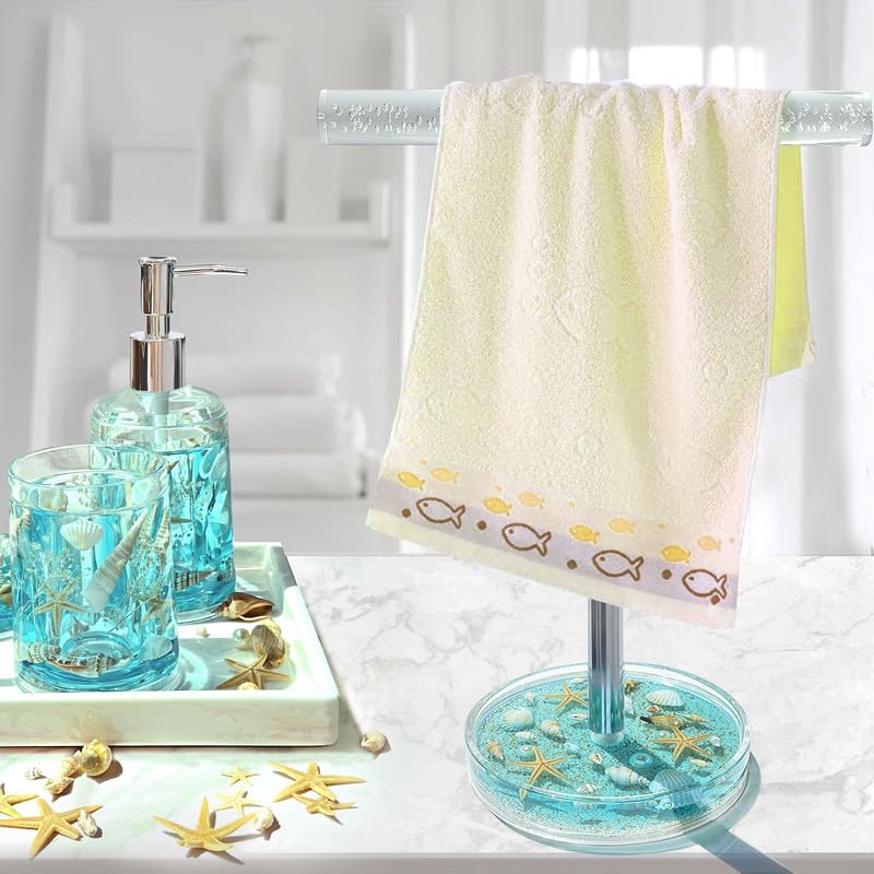 FONMY Jewelry Stand Holder Organizer Acrylic w/Nature Seashell Handmade,Seascape Countertop Jewelry Holder,Gift for Women,Jewlery Tower for Necklace, Earring, Bracelet (Blue)