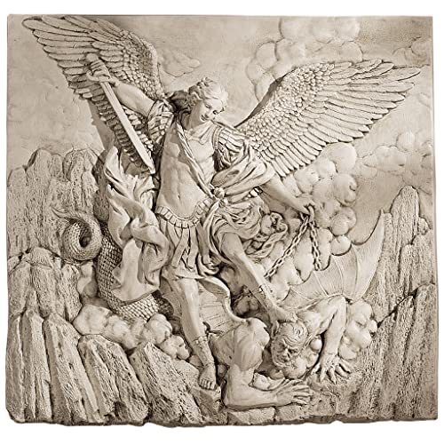Design Toscano Michael the Archangel Slaying Demon Indoor/Outdoor Wall Frieze Sculpture, 22 inches wide, Cast Stone Resin, Antique Stone Finish