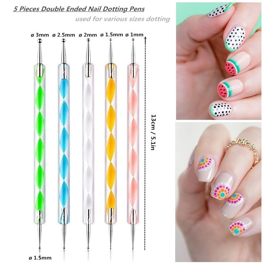 FULINJOY 5PCS Dual Tipped Nail Art Sculpture Pen with 5PCS Dotting Pens, Double Ended Brush and Dotting Tool Kit, Nail Art Design Tools (10 Pcs Set) - size: 5 Sculpture Pens + 5 Dotting Pens