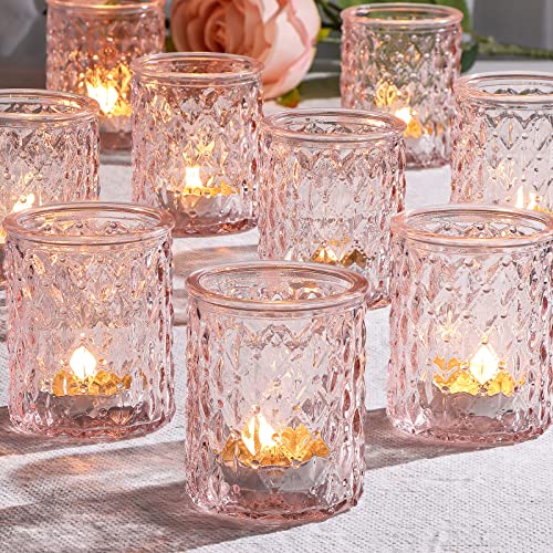 NITIME 12pcs Pink Votive Candle Holders, Tealight Candle Holder for Valentine's Day, Baby Shower Decorations for Girl, Glass Candle Holder for Wedding Centerpieces, Bridal Shower, Party Decorations - color: Pink