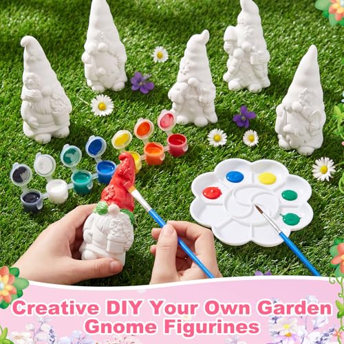 Arrowbash 6 Pcs Garden Ceramics to Paint Ready to Paint Your Own Gnome Statues 5.12 Wildflowers Theme Paintable Figurines DIY Unpainted Ceramics Plaster Crafts Kit with Brush Palette - style: Garden