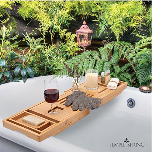 Temple Spring Bamboo Bathtub Tray Caddy for Tub — Expandable Wood Bath Tray with Solid Book Stand Wine Holder and Non-Slip Pads — Includes Bamboo Soap Dish and Spa Accessories — Luxury Bath Gift Set - color: Natural