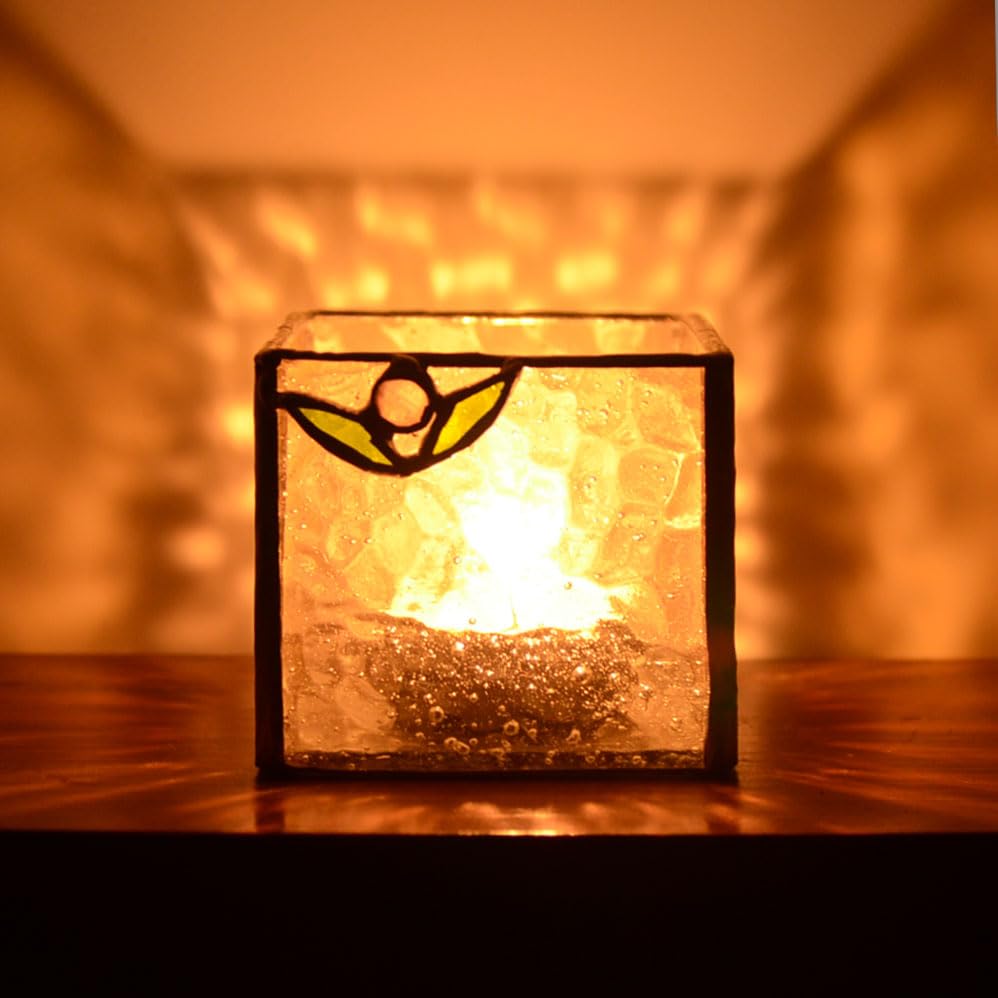 Handmade Windproof Stained Glass Cube Candle Holder - 5-Sided Floral & Leaf Design for Altar, Prayer, Windowsill - Sacred Gift for Christians, Mom, Christmas & Easter (Floret) - color: Floret