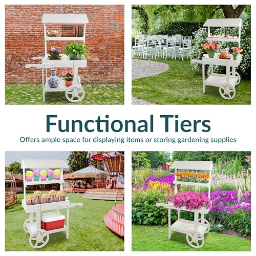 Sunnydaze Flower Cart Display Stand with Wheels - Dessert Candy Cart - Market Flower Display Stand - 2 Shelves - Fir Wood - White - color: White