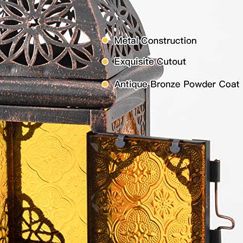 Candle Lanterns Decorative Indoor & Outdoor, 12'' Vintage Moroccan Hanging&Tabletop Lantern, Christmas Halloween Metal Candle Holder for Home Front Porch Patio Decor (Amber) - color: Amber-square - 12''h, size: Large