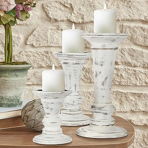 Hand Crafted Decorative Wooden Pillar Candle Holder Stand Siren Shape, Rounded Turned Colums, Country Style Ideal for Gift, Wedding, Christmas, Party, Home, Spa, 10,8,6 Inch Set of 3, Antique White - color: Antique White, size: 10,8,6 Inch Siren