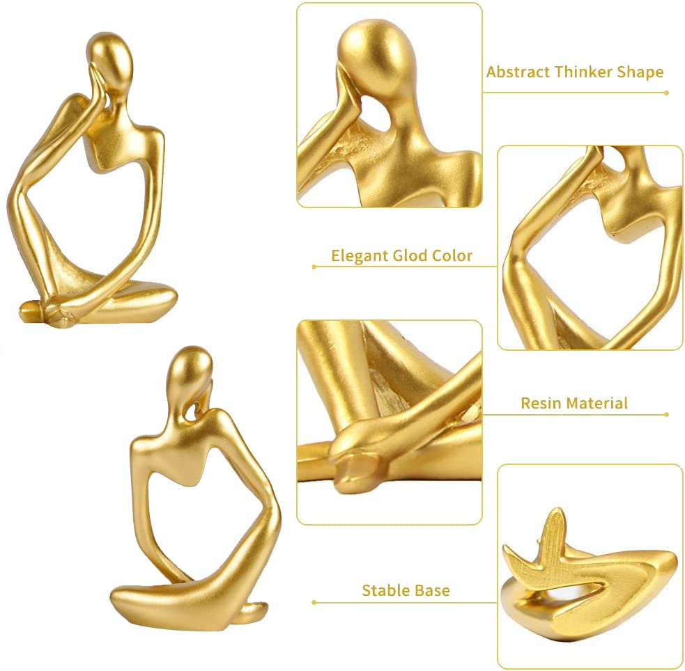 3 Pcs Gold Thinker Statue Sculpture Home Decor, Resin Abstract Art Golden Figurines, Mini Boho Tiny Accents for Modern Living Room Office Book Shelf Coffee Table Decoration Set of 3,(gfshg-gv2)